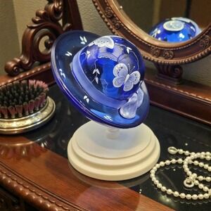 Fenton Cobalt Blue Glass Hat on Stand Bye Bye Butterfly Paperweight Signed